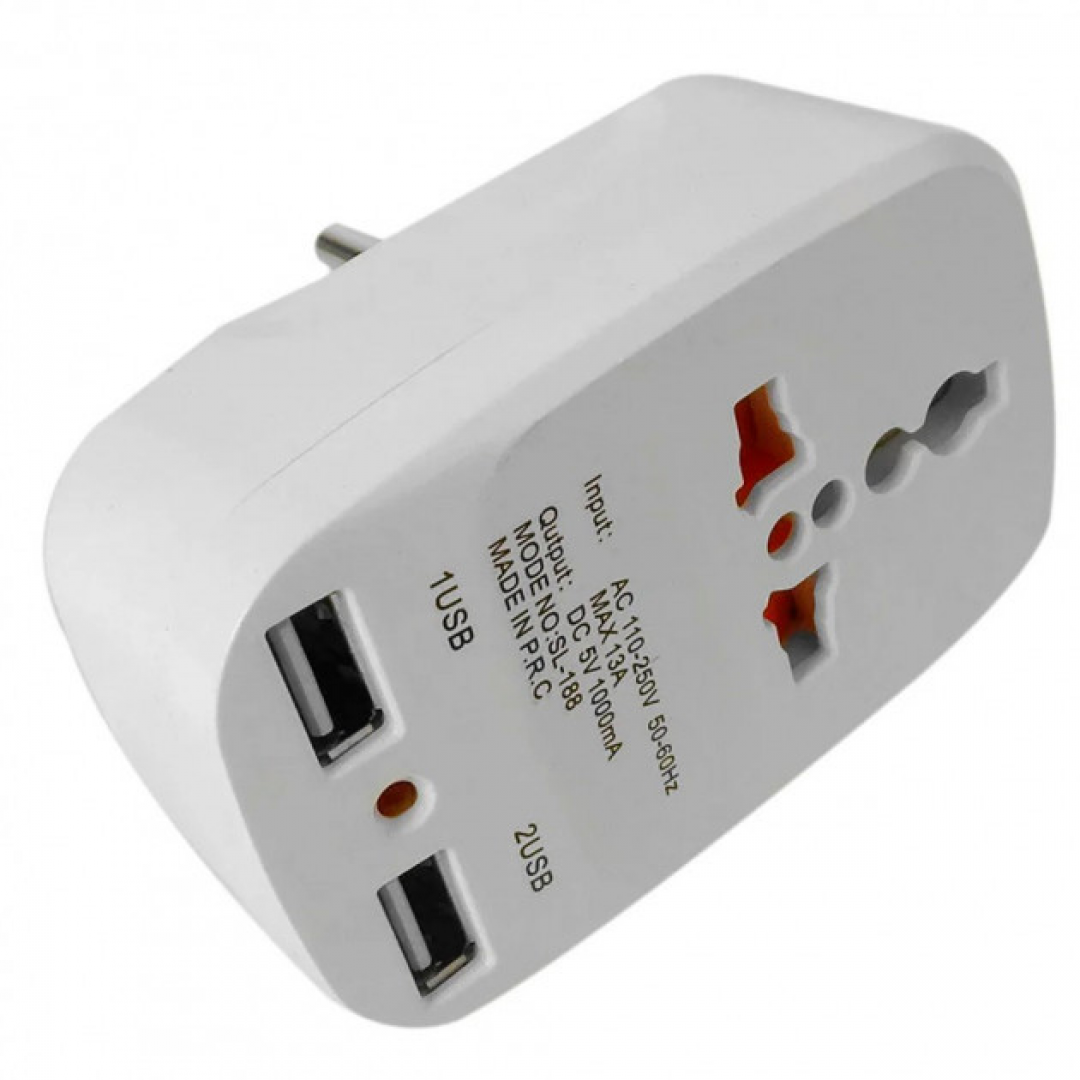 Сетевой разветвитель тройник Travel Adaptor 823 c 2 USB 1500mA 7043