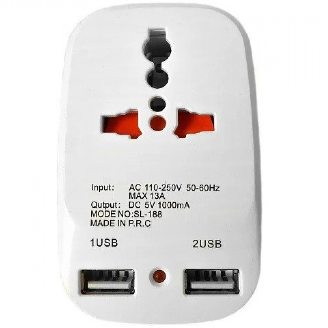 Мережевий розгалужувач трійник Travel Adaptor 823 c 2 USB 1500mA 7043